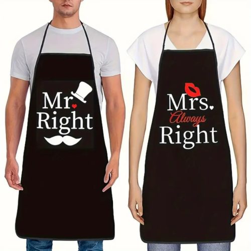 Páros kötény szett – „Mr. Right” és „Mrs. Always Right” felirattal, vicces ajándék pároknak