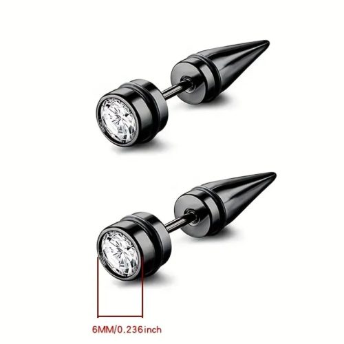 Fekete nemesacél fülbevaló cirkónia kővel és tüske dísszel – uniszex