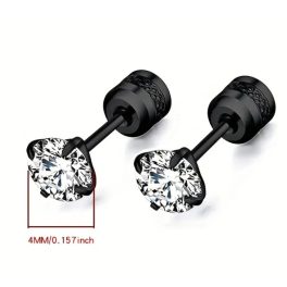   Fekete nemesacél fülbevaló cirkónia kővel – 4 mm, uniszex