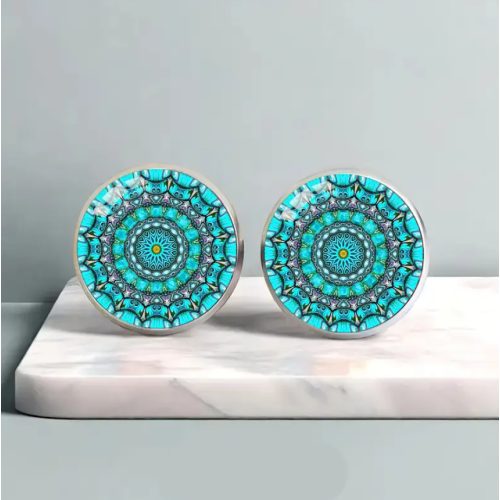 Mandala mintás kék fülbevaló – bedugós, üveglencsés