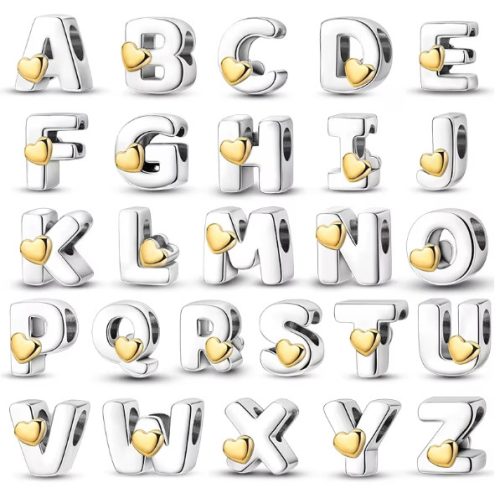 Ezüst betű charm és medál arany színű szív motívummal – Szív monogram
