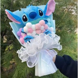   Stitch ballagási plüss csokor kék figurával és pasztell pompom virágokkal – ajándékcsokor 