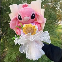   Stitch Angel ballagási plüss csokor rózsaszín figurával napraforgó díszítéssel – ajándékcsokor