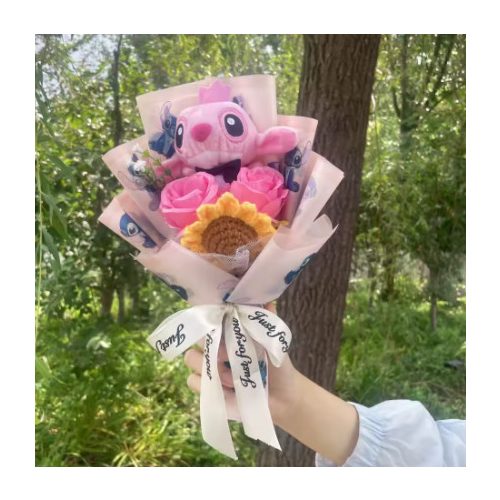 Stitch Angel ballagási plüss csokor ovisoknak - rózsaszín ajándékcsokor 