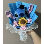 Stitch ballagási plüss csokor napraforgóval és rózsaszín virágokkal – ajándékcsokor