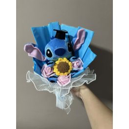   Stitch ballagási plüss csokor napraforgóval és rózsaszín virágokkal – ajándékcsokor