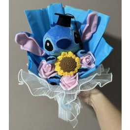   Stitch ballagási plüss csokor napraforgóval és rózsaszín virágokkal – ajándékcsokor