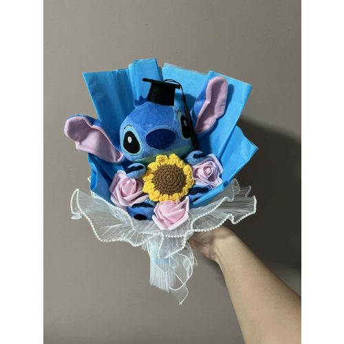 Stitch ballagási plüss csokor napraforgóval és rózsaszín virágokkal – ajándékcsokor