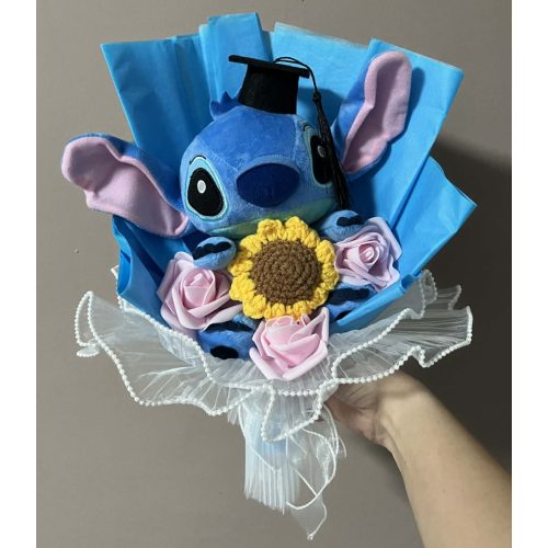 Stitch ballagási plüss csokor napraforgóval és rózsaszín virágokkal – ajándékcsokor