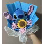 Stitch ballagási plüss csokor napraforgóval és rózsaszín virágokkal – ajándékcsokor
