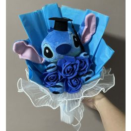   Stitch ballagási plüss csokor sötétkék rózsákkal – ajándékcsokor