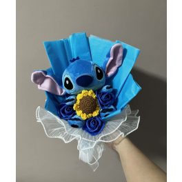   Stitch ballagási plüss csokor napraforgóval és sötétkék rózsákkal – ajándékcsokor