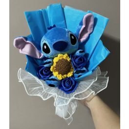   Stitch ballagási plüss csokor napraforgóval és sötétkék rózsákkal – ajándékcsokor