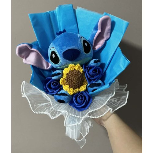 Stitch ballagási plüss csokor napraforgóval és sötétkék rózsákkal – ajándékcsokor