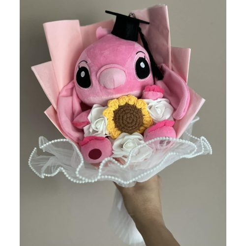 Stitch Angel ballagási plüss csokor – pasztell rózsaszín, napraforgóval és fehér rózsákkal