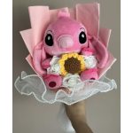 Stitch Angel ballagási plüss csokor – pasztell rózsaszín, napraforgóval és fehér rózsákkal