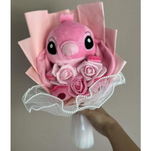 Stitch Angel ballagási plüss csokor – pasztell rózsaszín, rózsaszín rózsákkal