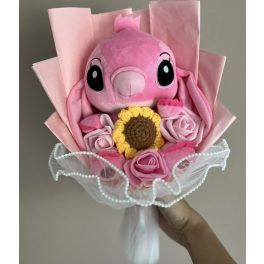  Stitch Angel ballagási plüss csokor – pasztell rózsaszín, napraforgóval és rózsaszín rózsákkal