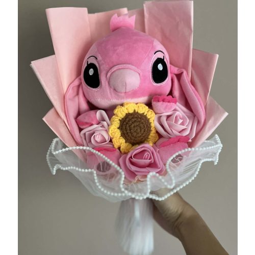 Stitch Angel ballagási plüss csokor – pasztell rózsaszín, napraforgóval és rózsaszín rózsákkal