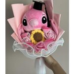 Stitch Angel ballagási plüss csokor – pasztell rózsaszín, napraforgóval és rózsaszín rózsákkal