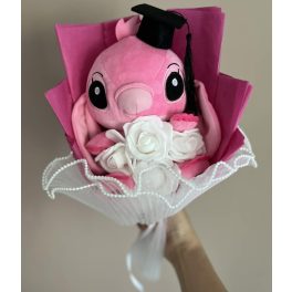   Stitch Angel ballagási plüss csokor – pink, fehér rózsákkal