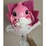 Stitch Angel ballagási plüss csokor – pink, fehér rózsákkal