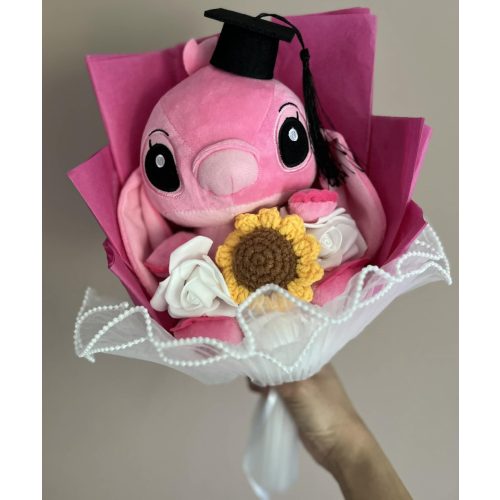 Sticth Angel ballagási plüss csokor – pink, napraforgóval és fehér rózsákkal