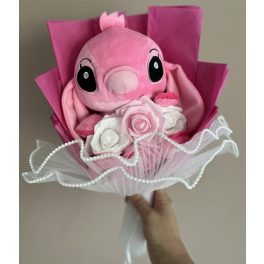   Stitch Angel ballagási plüss csokor – pink, rózsaszín-fehér rózsákkal