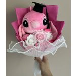 Stitch Angel ballagási plüss csokor – pink, rózsaszín-fehér rózsákkal