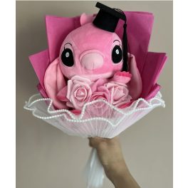   Stitch Angel ballagási plüss csokor – pink, rózsaszín rózsákkal