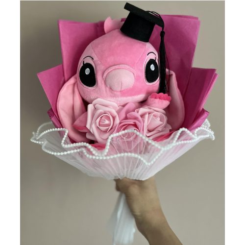 Stitch Angel ballagási plüss csokor – pink, rózsaszín rózsákkal