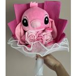 Stitch Angel ballagási plüss csokor – pink, rózsaszín rózsákkal