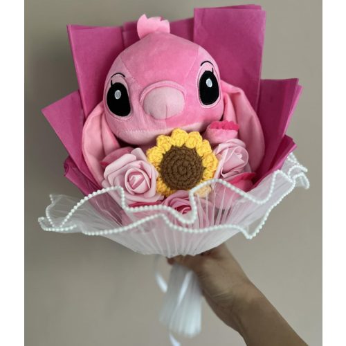 Stitch Angel ballagási plüss csokor – pink, napraforgóval és rózsaszín rózsákkal