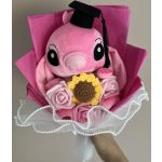 Stitch Angel ballagási plüss csokor – pink, napraforgóval és rózsaszín rózsákkal