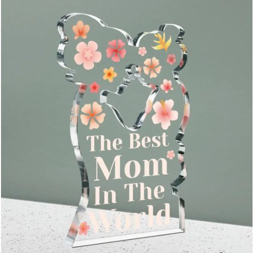 „The Best Mom in the World” – Virágos akril dísz anya és gyermek sziluettel
