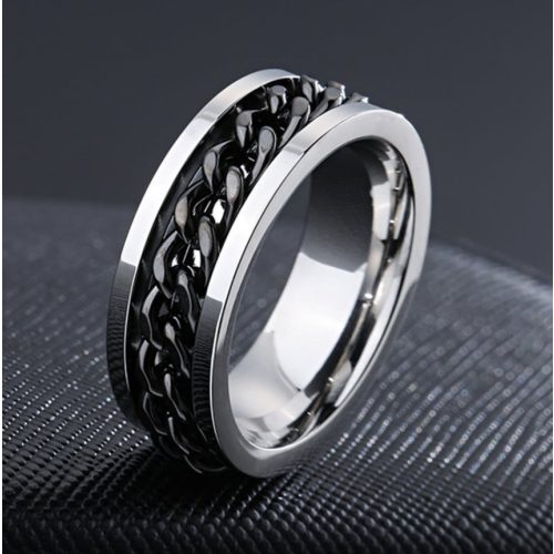 Ezüst - fekete láncmintás stresszoldó "fidget" nemesacél gyűrű 