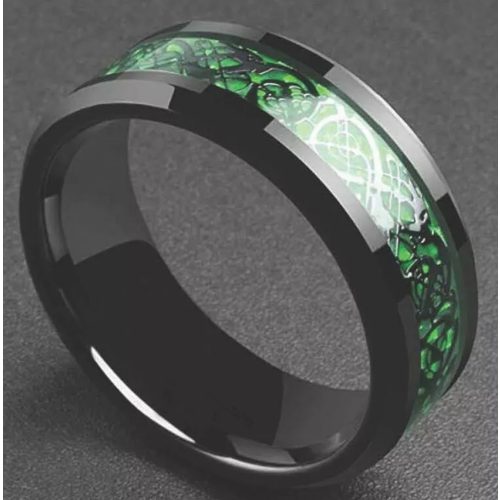 Dragon design - fekete-smaragdzöld kelta mintás nemesacél gyűrű