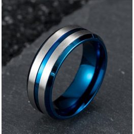 Kék-Ezüst Kettős Hornyolt Nemesacél Férfi Gyűrű