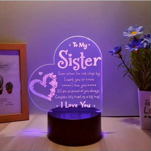 „To My Sister” – Szív alakú, színváltós, szöveges LED éjjeli hangulatlámpa érintésvezérléssel (7 szín)